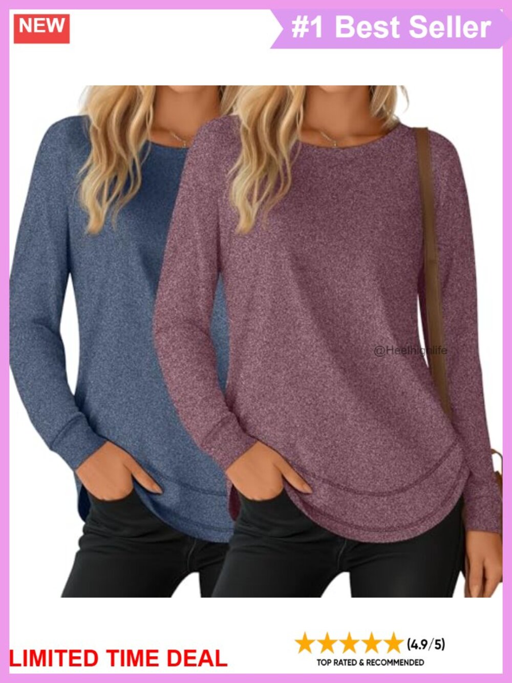 2 Pack Women's Crew Neck Long Sleeve Sweatshirts Cotton Blend Loose Fit Pullover